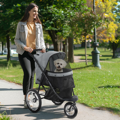 Dog Stroller Jogger Dog Buggy foldable for small dogs & cats up to 10 kg Cat stroller with 3 large rubber wheels, cushion mesh windows storage basket cat stroller with safety leashes, Gray