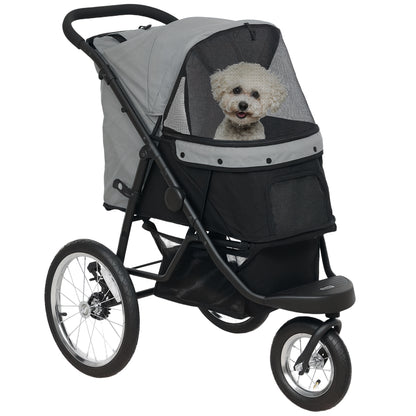 Dog Stroller Jogger Dog Buggy foldable for small dogs & cats up to 10 kg Cat stroller with 3 large rubber wheels, cushion mesh windows storage basket cat stroller with safety leashes, Gray