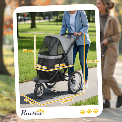 Dog Stroller Jogger Dog Buggy foldable for small dogs & cats up to 10 kg Cat stroller with 3 large rubber wheels, cushion mesh windows storage basket cat stroller with safety leashes, Gray