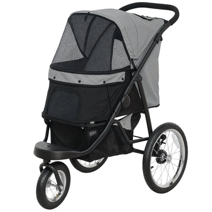 Dog Stroller Jogger Dog Buggy foldable for small dogs & cats up to 10 kg Cat stroller with 3 large rubber wheels, cushion mesh windows storage basket cat stroller with safety leashes, Gray