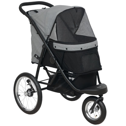 Dog Stroller Jogger Dog Buggy foldable for small dogs & cats up to 10 kg Cat stroller with 3 large rubber wheels, cushion mesh windows storage basket cat stroller with safety leashes, Gray