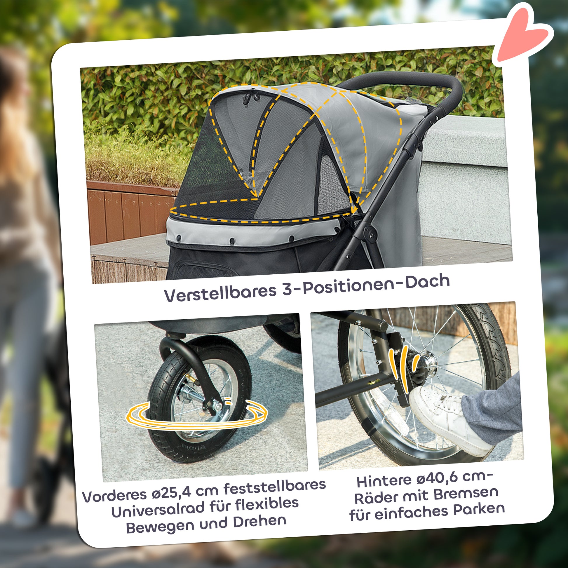 Dog Stroller Jogger Dog Buggy foldable for small dogs & cats up to 10 kg Cat stroller with 3 large rubber wheels, cushion mesh windows storage basket cat stroller with safety leashes, Gray