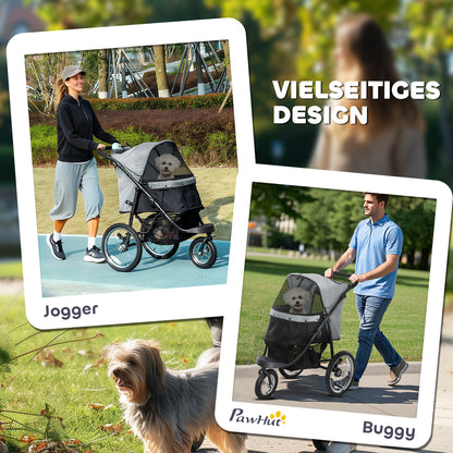 Dog Stroller Jogger Dog Buggy foldable for small dogs & cats up to 10 kg Cat stroller with 3 large rubber wheels, cushion mesh windows storage basket cat stroller with safety leashes, Gray