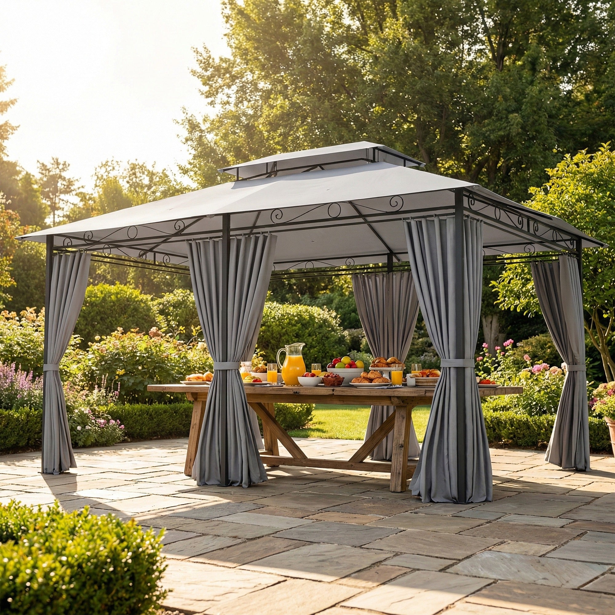 Gazebo 4 x 3 m (13 x 10 ft) — Water-Resistant, Sturdy Metal Pavilion with Double Roof and 6 Side Panels, Dark Gray