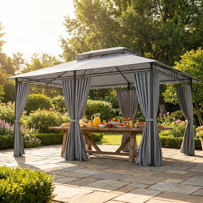 Gazebo 4 x 3 m (13 x 10 ft) — Water-Resistant, Sturdy Metal Pavilion with Double Roof and 6 Side Panels, Dark Gray