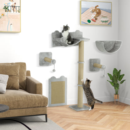 Cat Climbing Wall 5-Piece Cat Climbing Wall Set with Scratching Posts, Hammock, Jumping Platform, Wall Scratching Post, Climbing Cat Tree Cat Furniture for Cats up to 5 kg, Light Gray