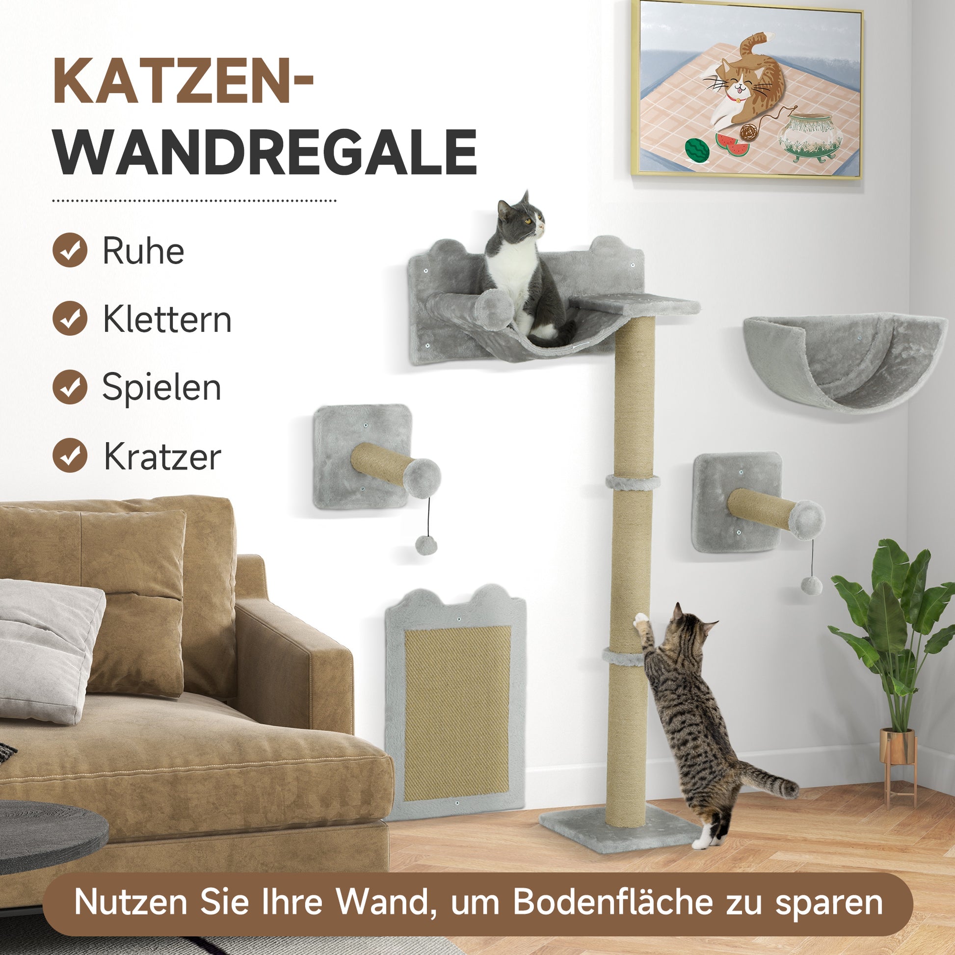 Cat Climbing Wall 5-Piece Cat Climbing Wall Set with Scratching Posts, Hammock, Jumping Platform, Wall Scratching Post, Climbing Cat Tree Cat Furniture for Cats up to 5 kg, Light Gray