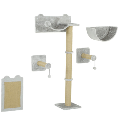 Cat Climbing Wall 5-Piece Cat Climbing Wall Set with Scratching Posts, Hammock, Jumping Platform, Wall Scratching Post, Climbing Cat Tree Cat Furniture for Cats up to 5 kg, Light Gray