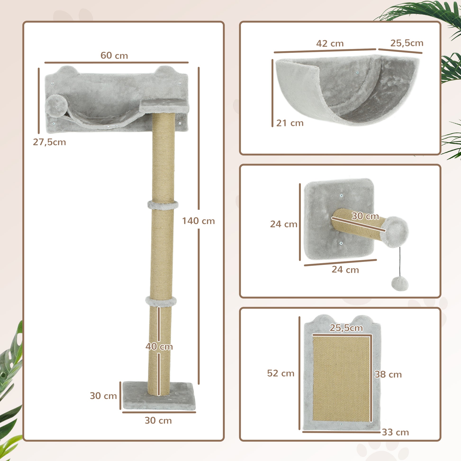 Cat Climbing Wall 5-Piece Cat Climbing Wall Set with Scratching Posts, Hammock, Jumping Platform, Wall Scratching Post, Climbing Cat Tree Cat Furniture for Cats up to 5 kg, Light Gray