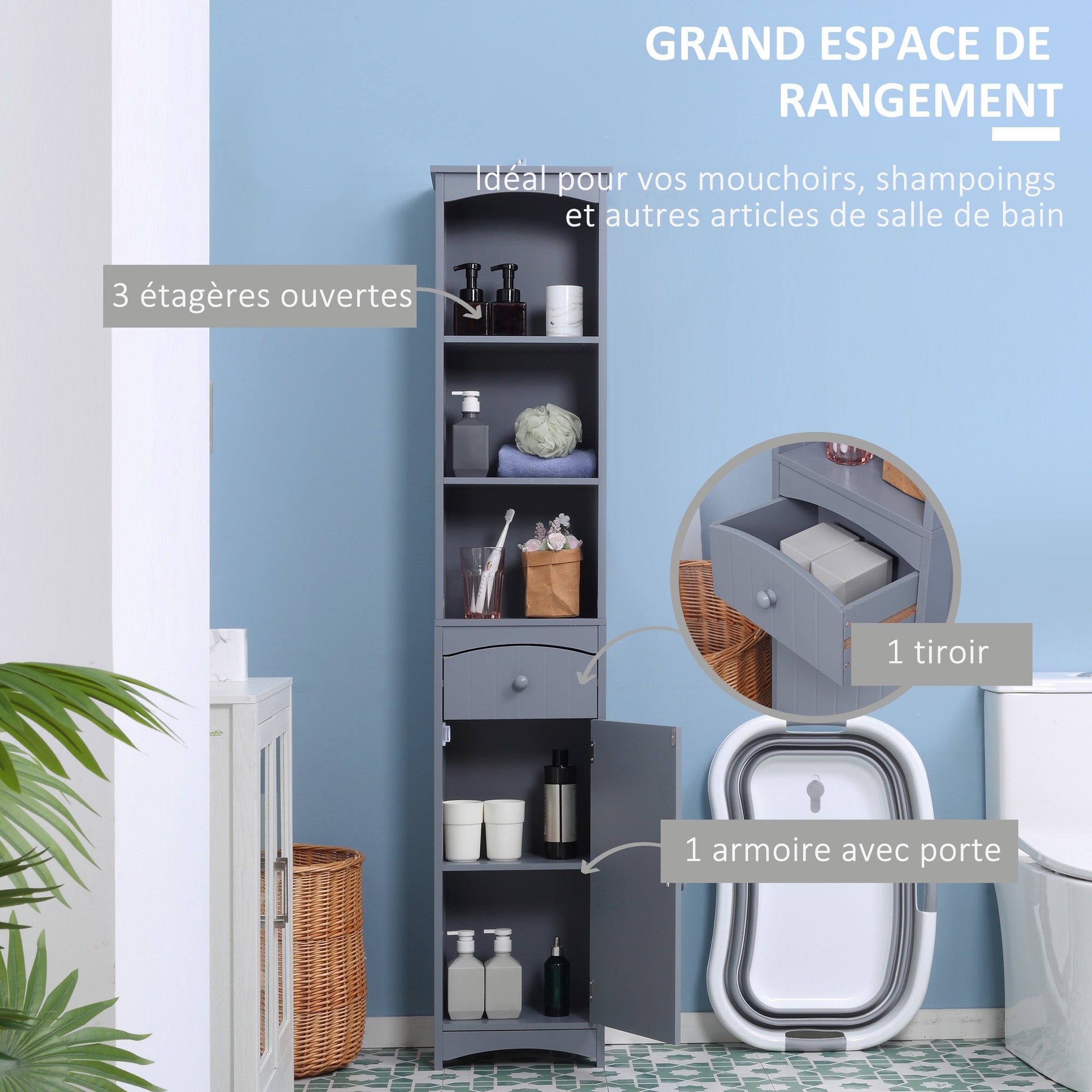 Bathroom Column Unit Bathroom storage column with shelf and drawer, cupboard 34L x 24W x 170H cm Gray