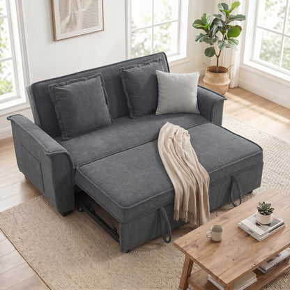 2-Seater Convertible Sofa Bed, 66" Chenille Click-Clack with Adjustable Back, Pocket Springs & Side Pocket, Grey