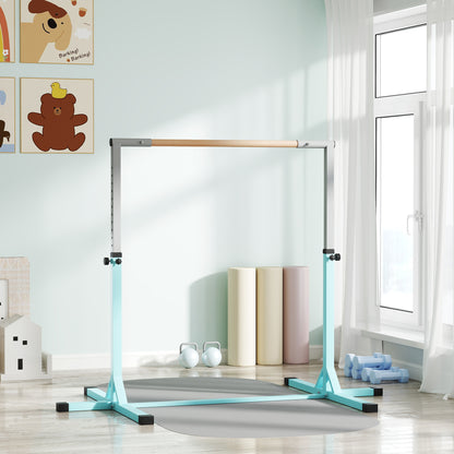 Adjustable Kids Gym Bar – 13 Heights (36–59 in), Beech Wood Bar & Steel Frame, Anti-Slip, Cyan
