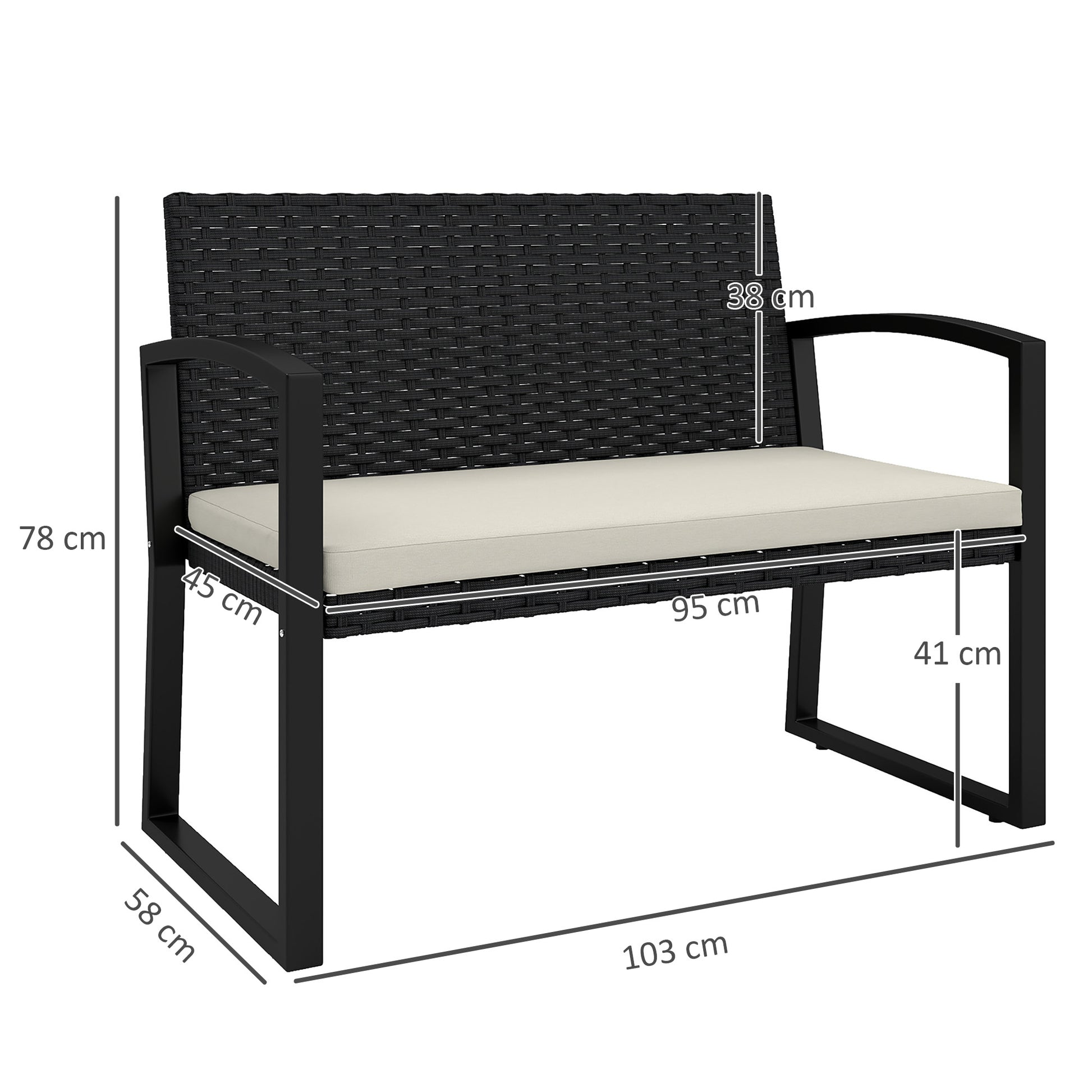 2-Seater Synthetic Rattan Garden Bench Outdoor Bench with Cushion and Armrests Load 240 kg for Terrace Patio 103x58x78 cm Black and Beige