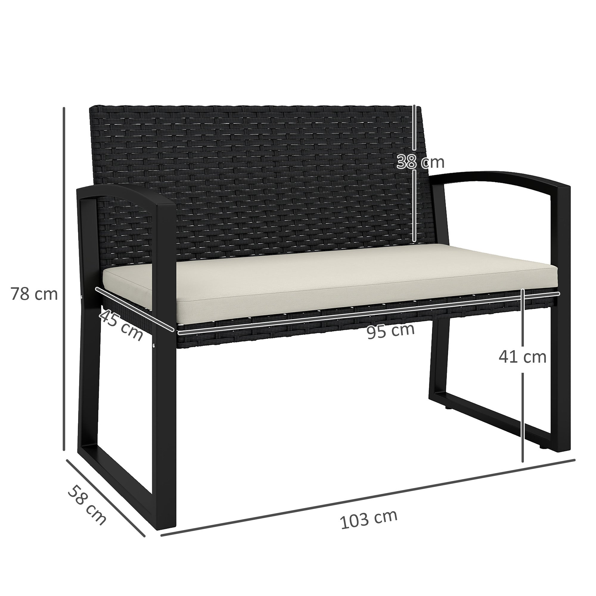 2-Seater Synthetic Rattan Garden Bench Outdoor Bench with Cushion and Armrests Load 240 kg for Terrace Patio 103x58x78 cm Black and Beige