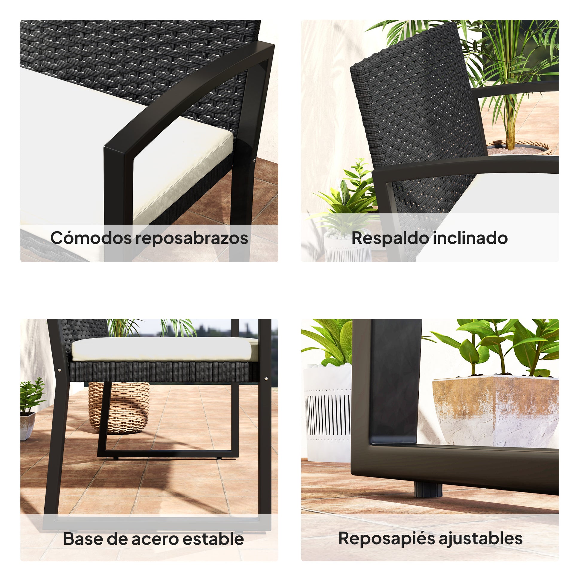 2-Seater Synthetic Rattan Garden Bench Outdoor Bench with Cushion and Armrests Load 240 kg for Terrace Patio 103x58x78 cm Black and Beige