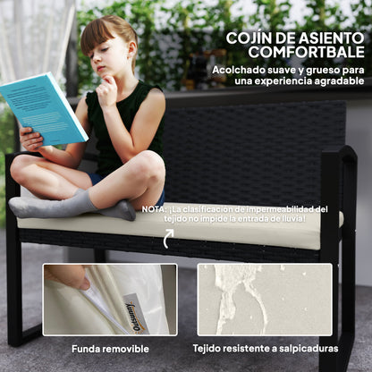 2-Seater Synthetic Rattan Garden Bench Outdoor Bench with Cushion and Armrests Load 240 kg for Terrace Patio 103x58x78 cm Black and Beige