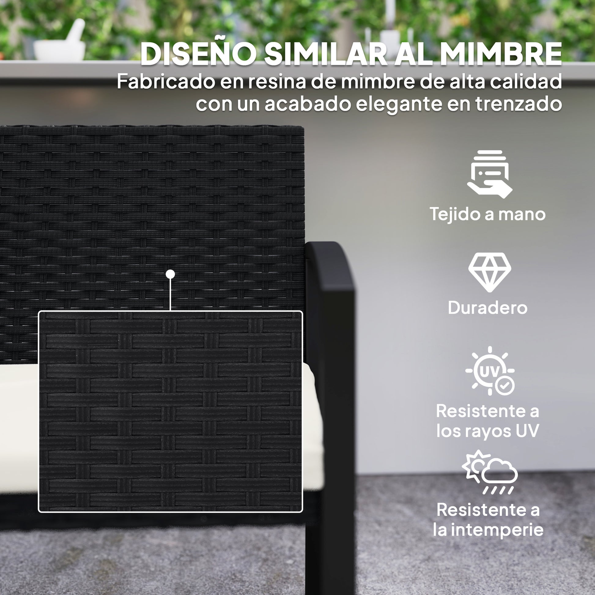 2-Seater Synthetic Rattan Garden Bench Outdoor Bench with Cushion and Armrests Load 240 kg for Terrace Patio 103x58x78 cm Black and Beige