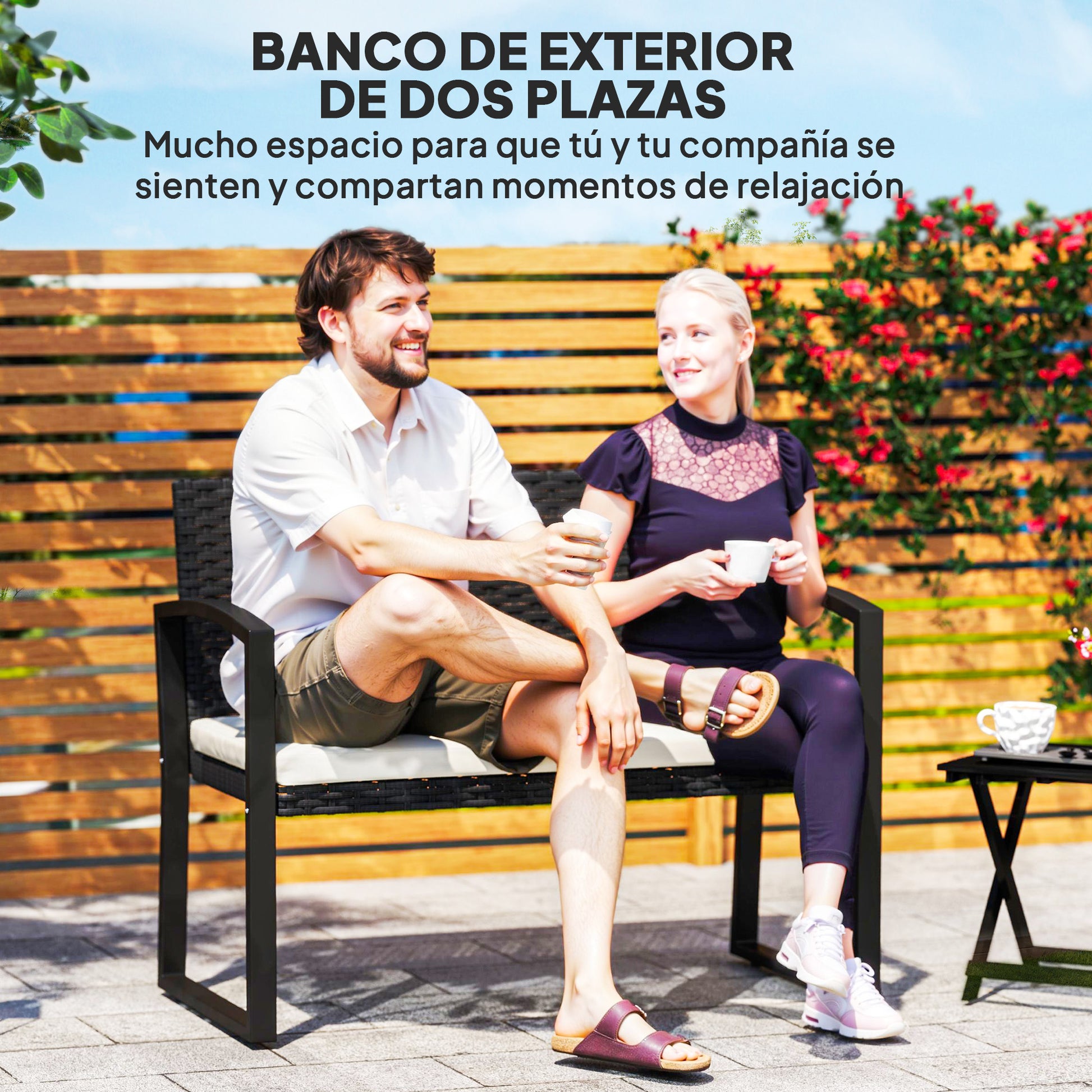 2-Seater Synthetic Rattan Garden Bench Outdoor Bench with Cushion and Armrests Load 240 kg for Terrace Patio 103x58x78 cm Black and Beige