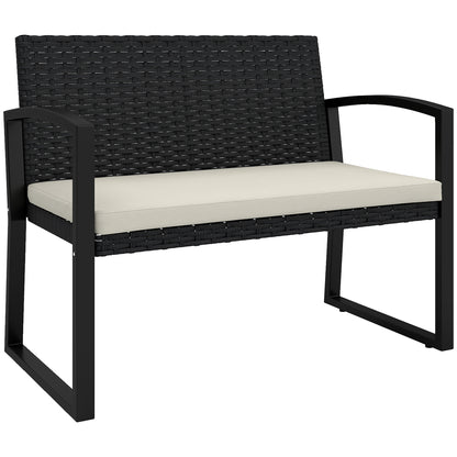 2-Seater Synthetic Rattan Garden Bench Outdoor Bench with Cushion and Armrests Load 240 kg for Terrace Patio 103x58x78 cm Black and Beige