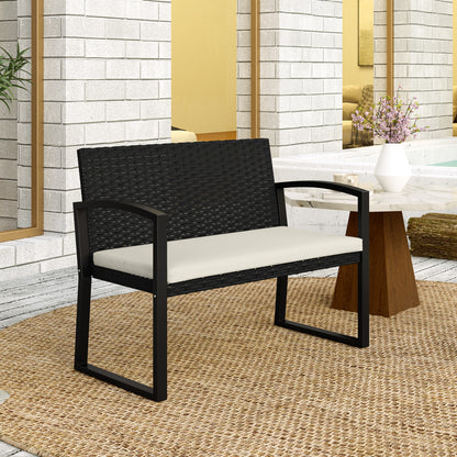 2-Seater Synthetic Rattan Garden Bench Outdoor Bench with Cushion and Armrests Load 240 kg for Terrace Patio 103x58x78 cm Black and Beige
