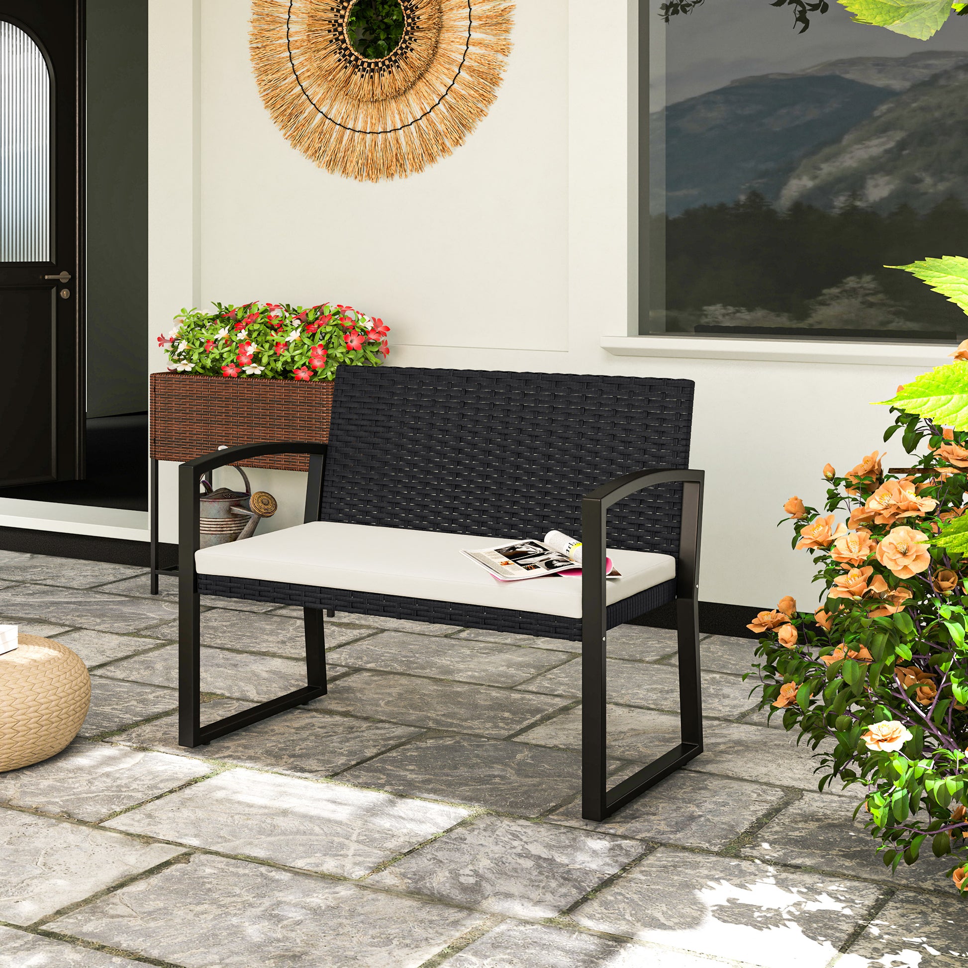 2-Seater Synthetic Rattan Garden Bench Outdoor Bench with Cushion and Armrests Load 240 kg for Terrace Patio 103x58x78 cm Black and Beige