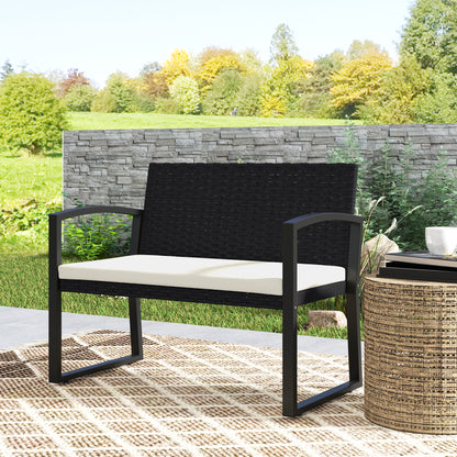 2-Seater Synthetic Rattan Garden Bench Outdoor Bench with Cushion and Armrests Load 240 kg for Terrace Patio 103x58x78 cm Black and Beige