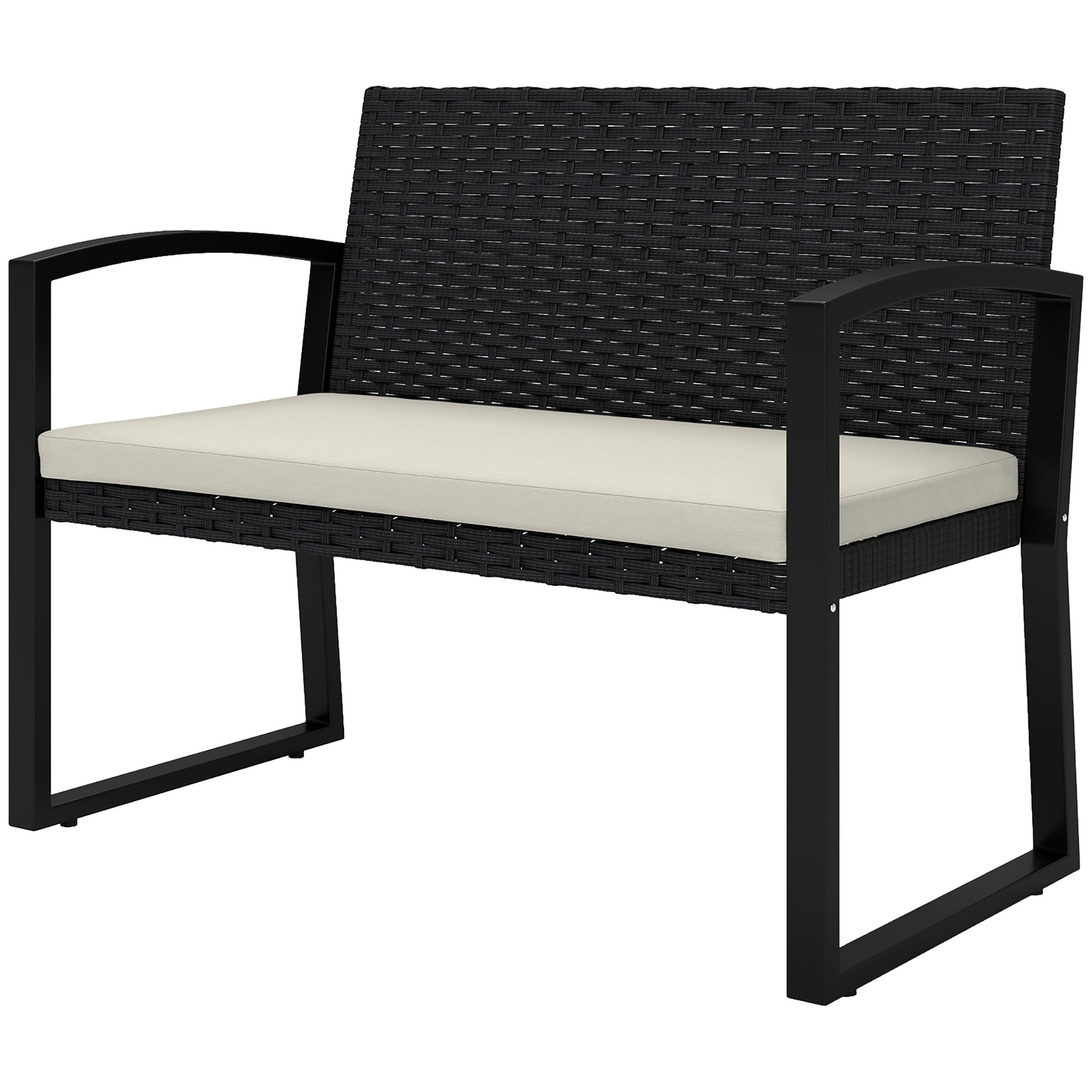 2-Seater Synthetic Rattan Garden Bench Outdoor Bench with Cushion and Armrests Load 240 kg for Terrace Patio 103x58x78 cm Black and Beige