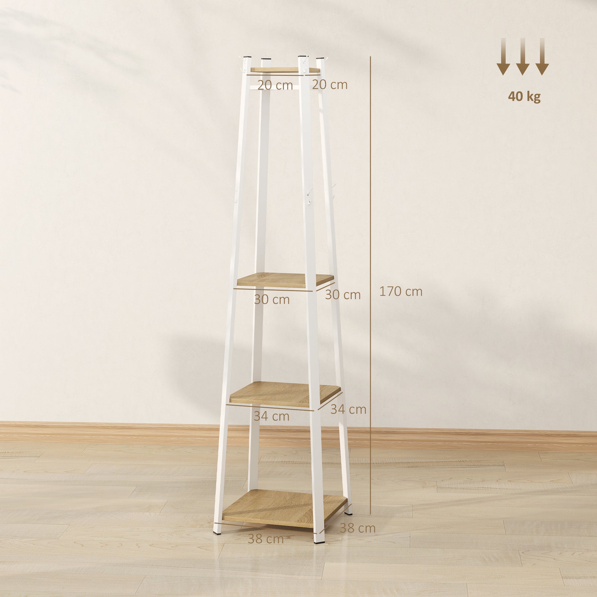 Coat Rack, Clothes Stand with 8 Hooks, 4 Levels, Steel Jacket Stand for Clothing, Hats, Entryway, Hallway, 34 x 34 x 170 cm, White