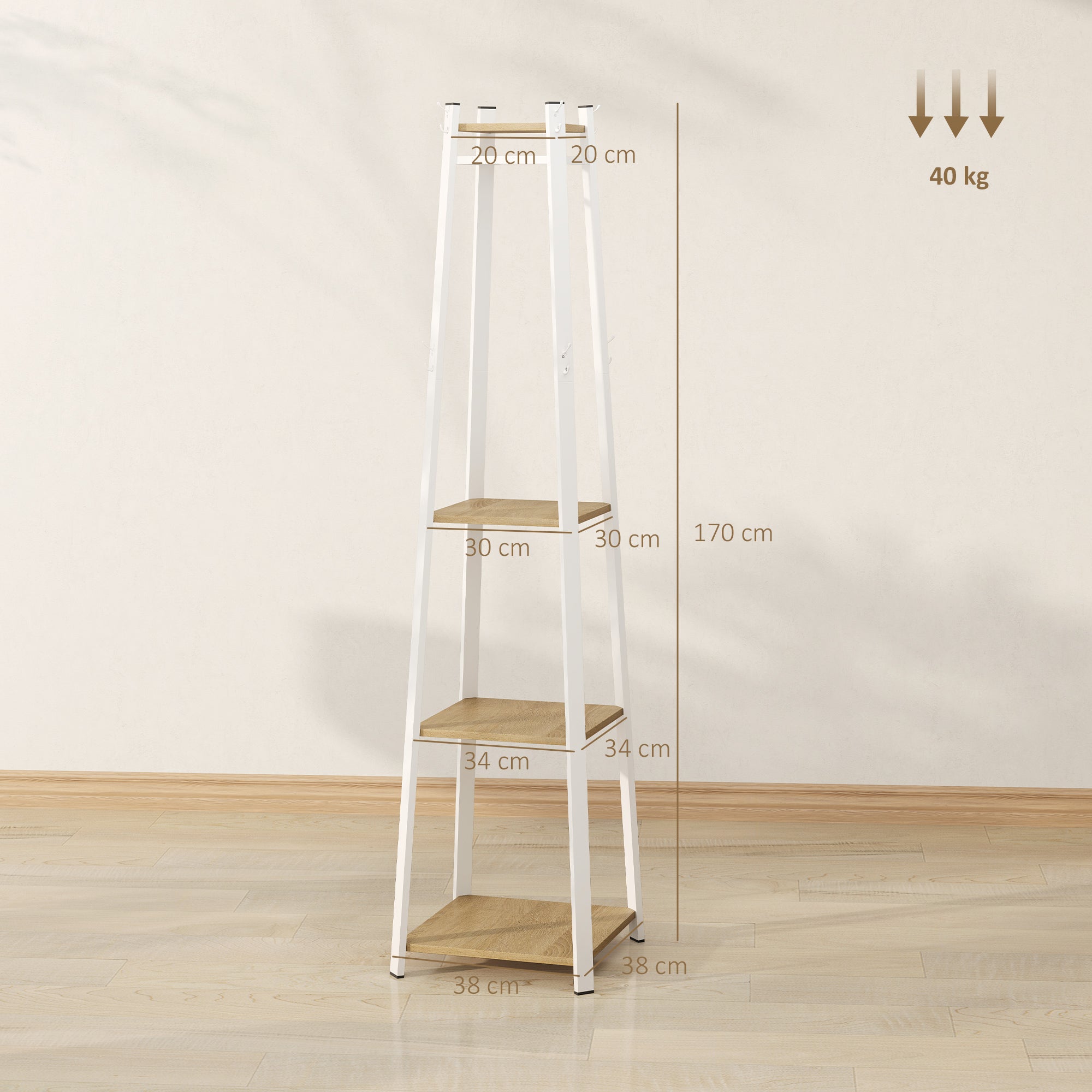Coat Rack, Clothes Stand with 8 Hooks, 4 Levels, Steel Jacket Stand for Clothing, Hats, Entryway, Hallway, 34 x 34 x 170 cm, White