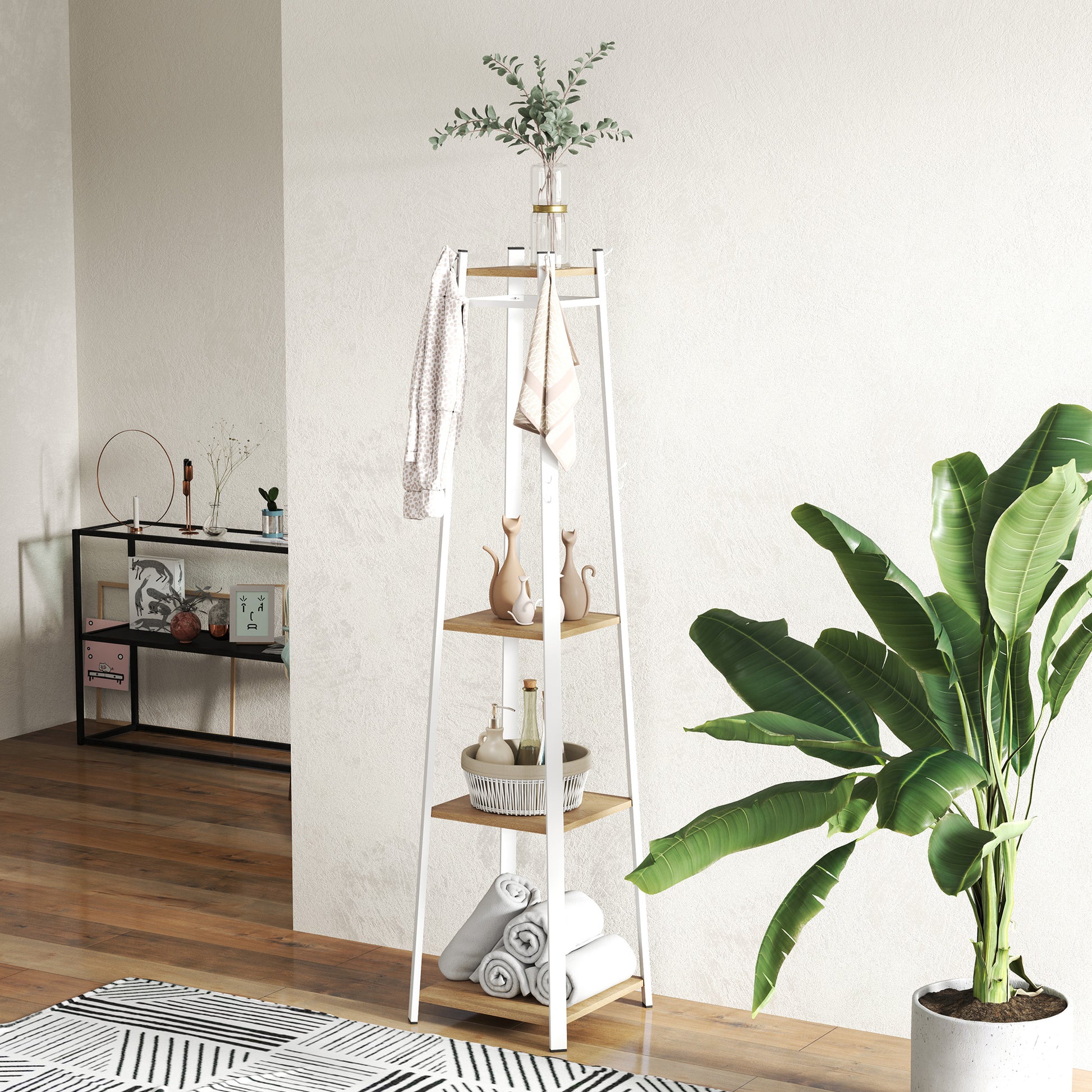 Coat Rack, Clothes Stand with 8 Hooks, 4 Levels, Steel Jacket Stand for Clothing, Hats, Entryway, Hallway, 34 x 34 x 170 cm, White