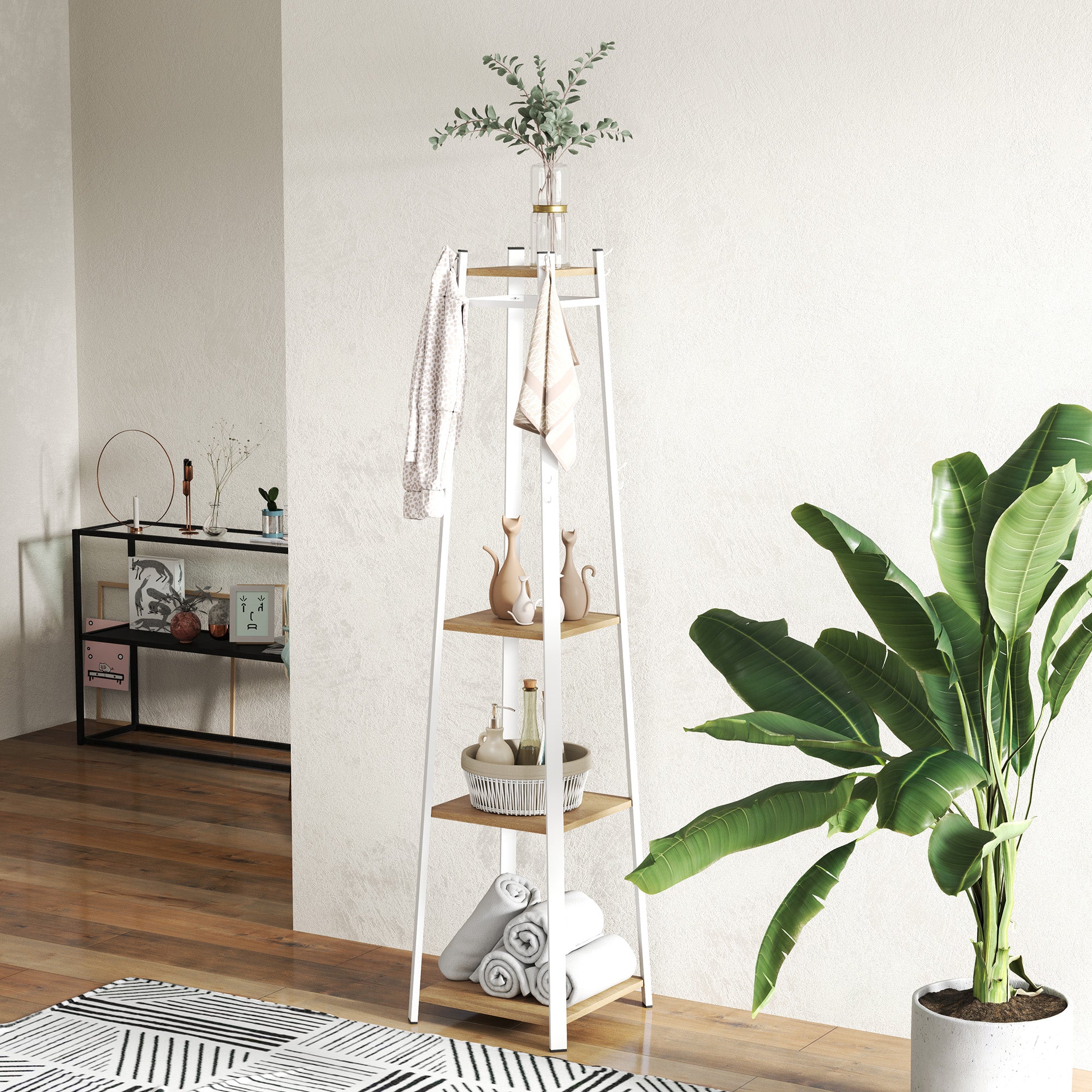 Coat Rack, Clothes Stand with 8 Hooks, 4 Levels, Steel Jacket Stand for Clothing, Hats, Entryway, Hallway, 34 x 34 x 170 cm, White