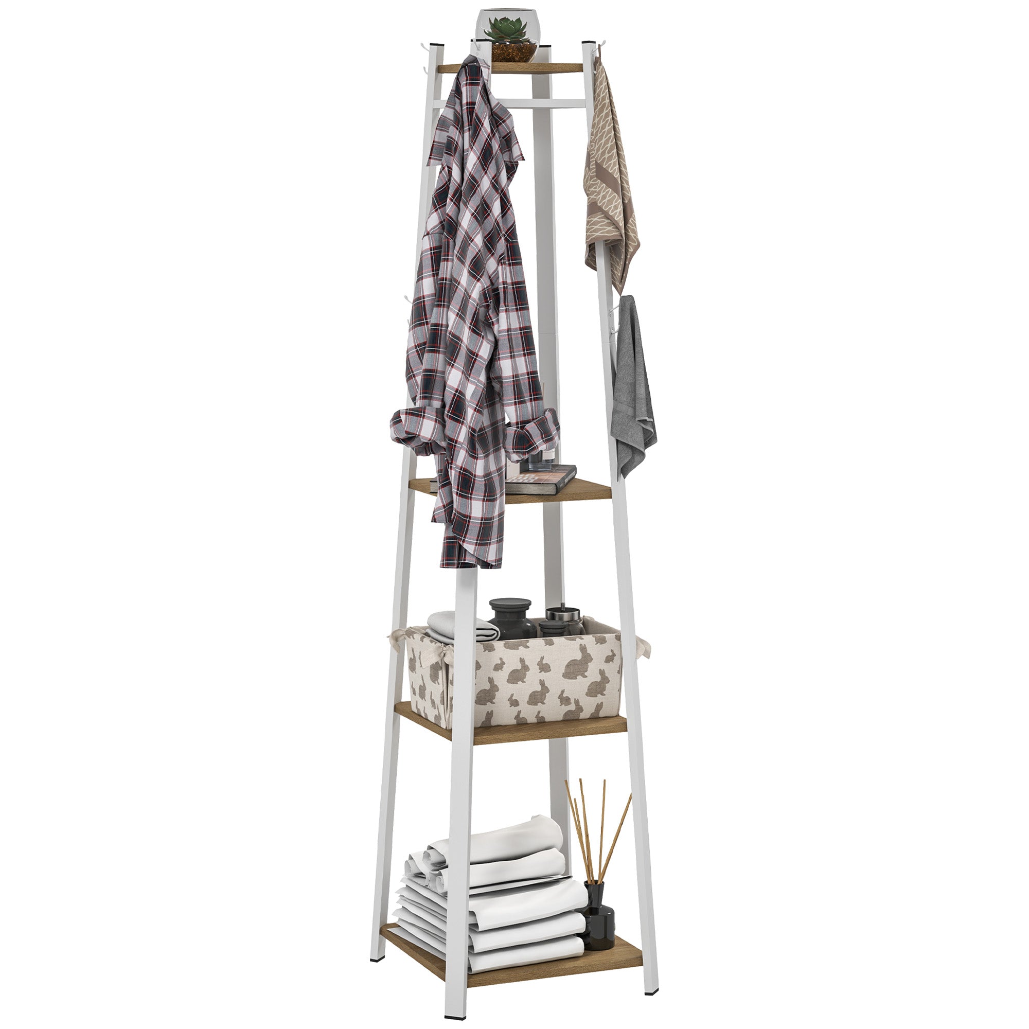 Coat Rack, Clothes Stand with 8 Hooks, 4 Levels, Steel Jacket Stand for Clothing, Hats, Entryway, Hallway, 34 x 34 x 170 cm, White
