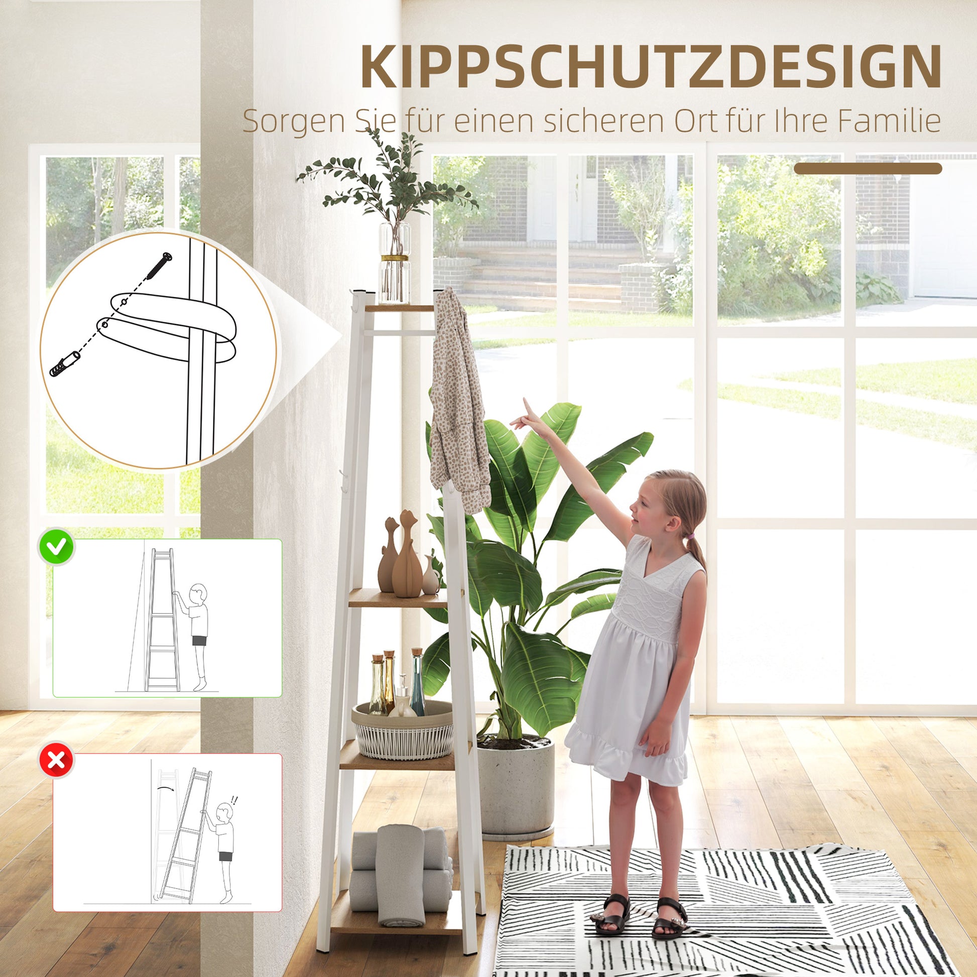 Coat Rack, Clothes Stand with 8 Hooks, 4 Levels, Steel Jacket Stand for Clothing, Hats, Entryway, Hallway, 34 x 34 x 170 cm, White
