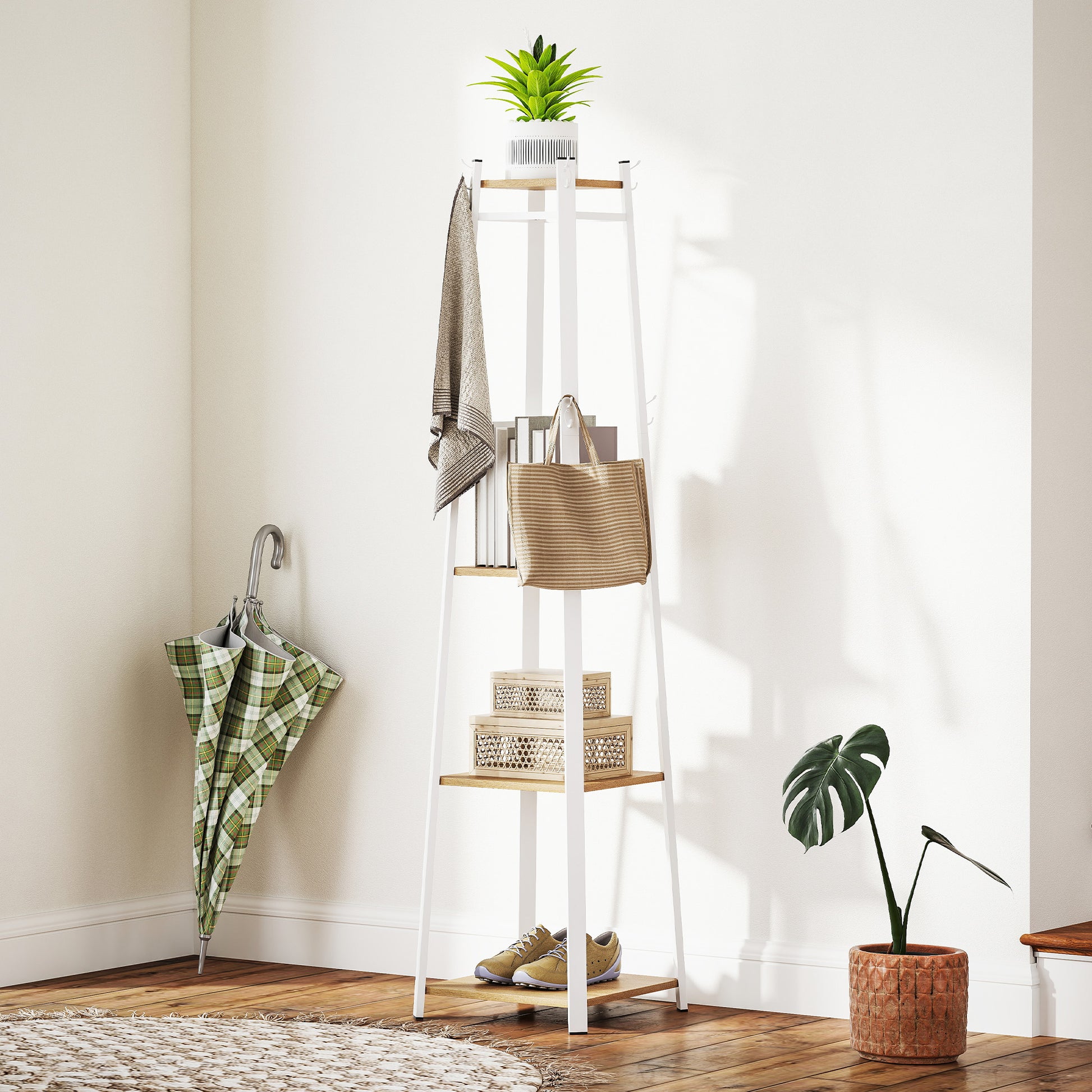 Coat Rack, Clothes Stand with 8 Hooks, 4 Levels, Steel Jacket Stand for Clothing, Hats, Entryway, Hallway, 34 x 34 x 170 cm, White