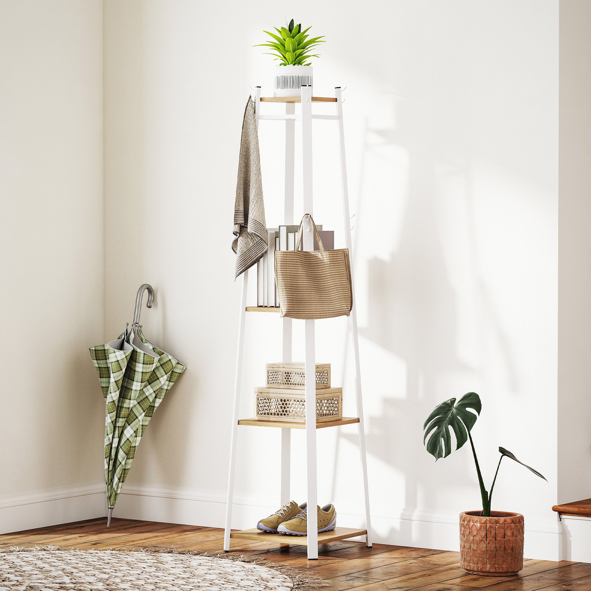 Coat Rack, Clothes Stand with 8 Hooks, 4 Levels, Steel Jacket Stand for Clothing, Hats, Entryway, Hallway, 34 x 34 x 170 cm, White