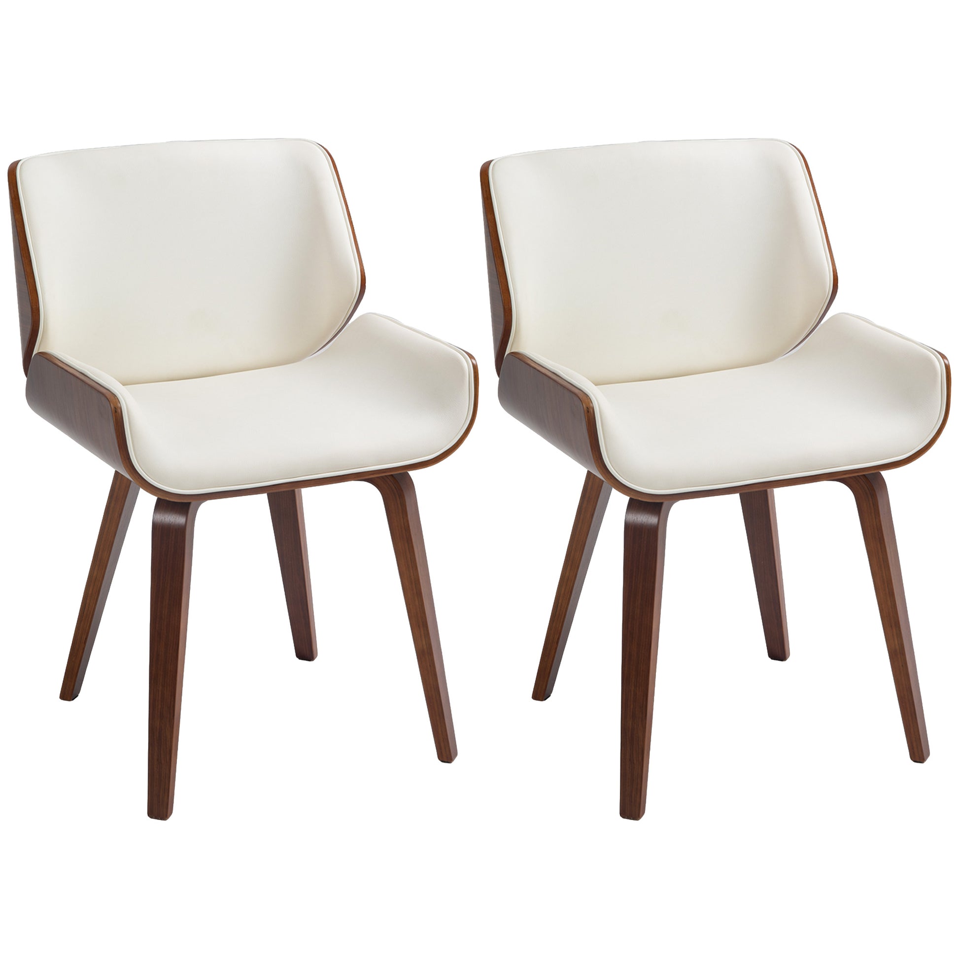 Set of 2 vintage style dining chairs with white synthetic upholstery seat and wooden legs