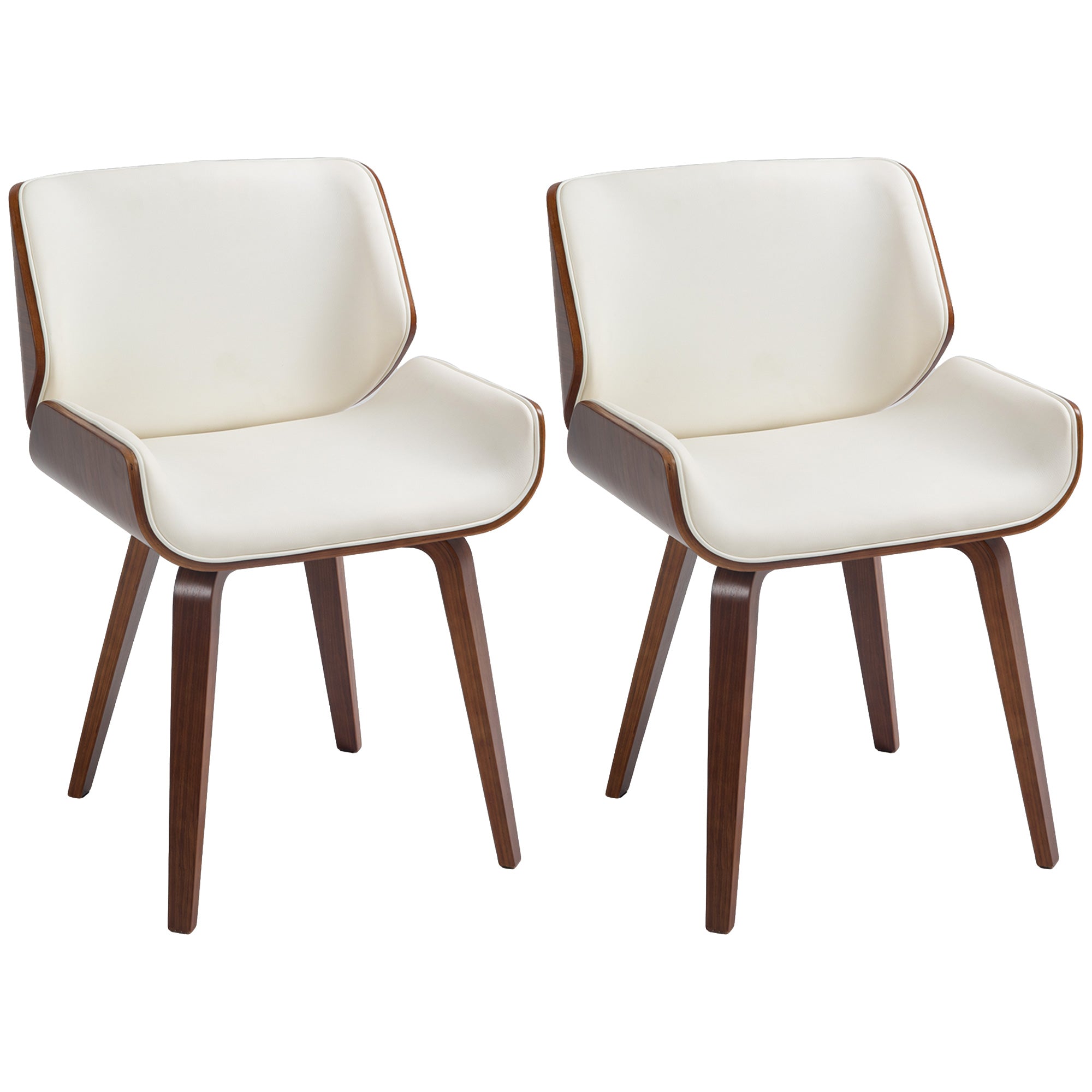 Set of 2 vintage style dining chairs with white synthetic upholstery seat and wooden legs
