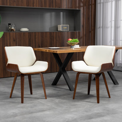 Set of 2 vintage style dining chairs with white synthetic upholstery seat and wooden legs