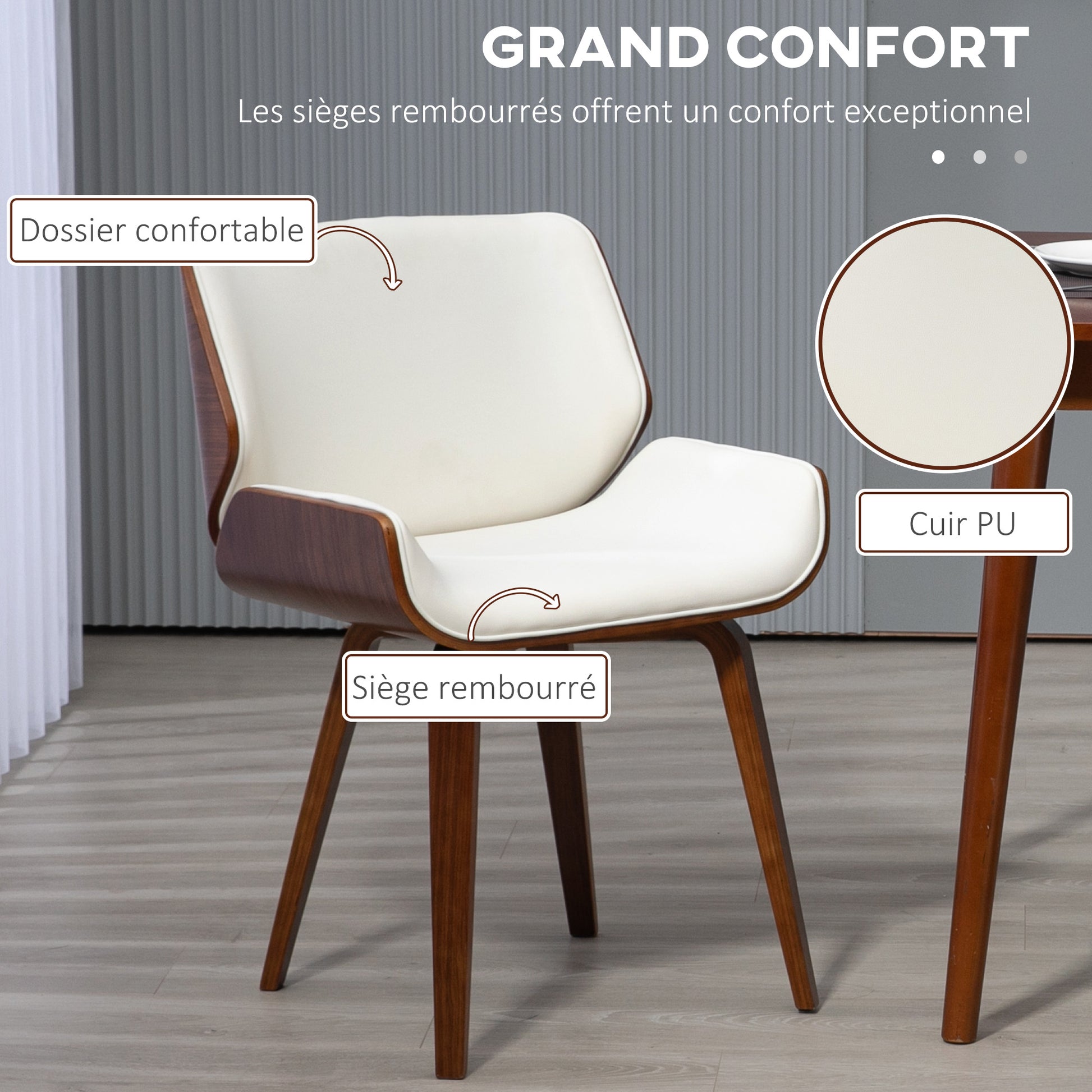 Set of 2 vintage style dining chairs with white synthetic upholstery seat and wooden legs