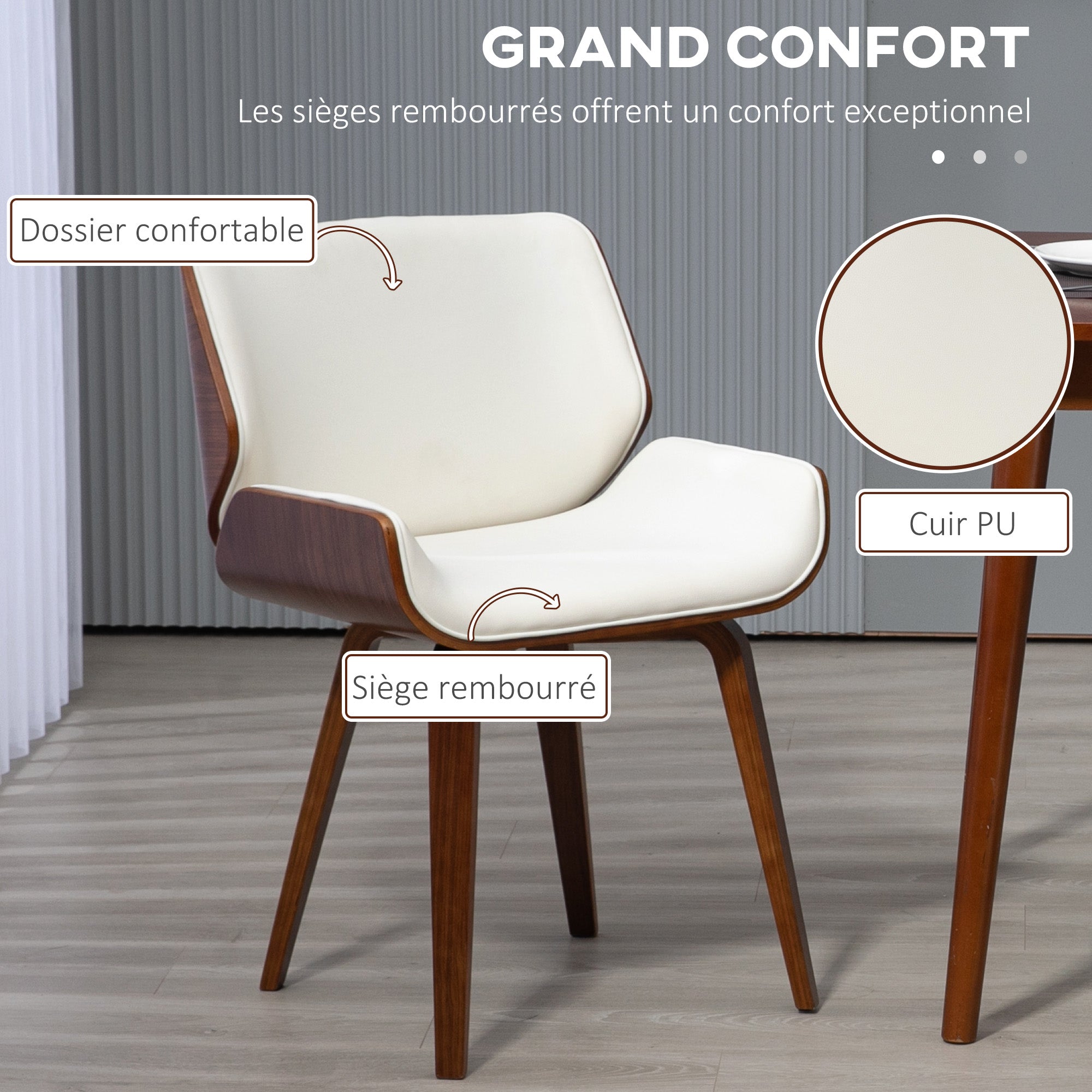 Set of 2 vintage style dining chairs with white synthetic upholstery seat and wooden legs