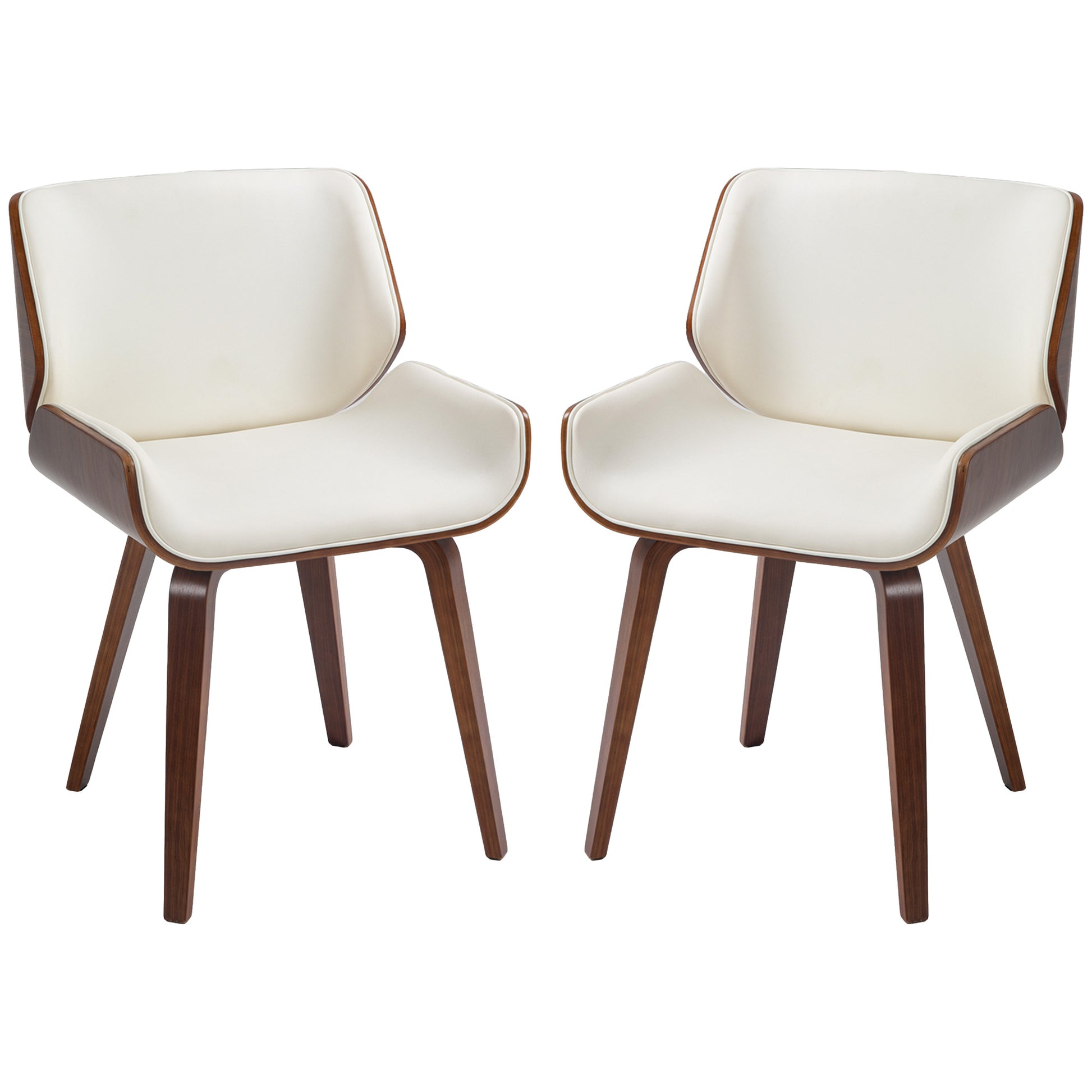 Set of 2 vintage style dining chairs with white synthetic upholstery seat and wooden legs