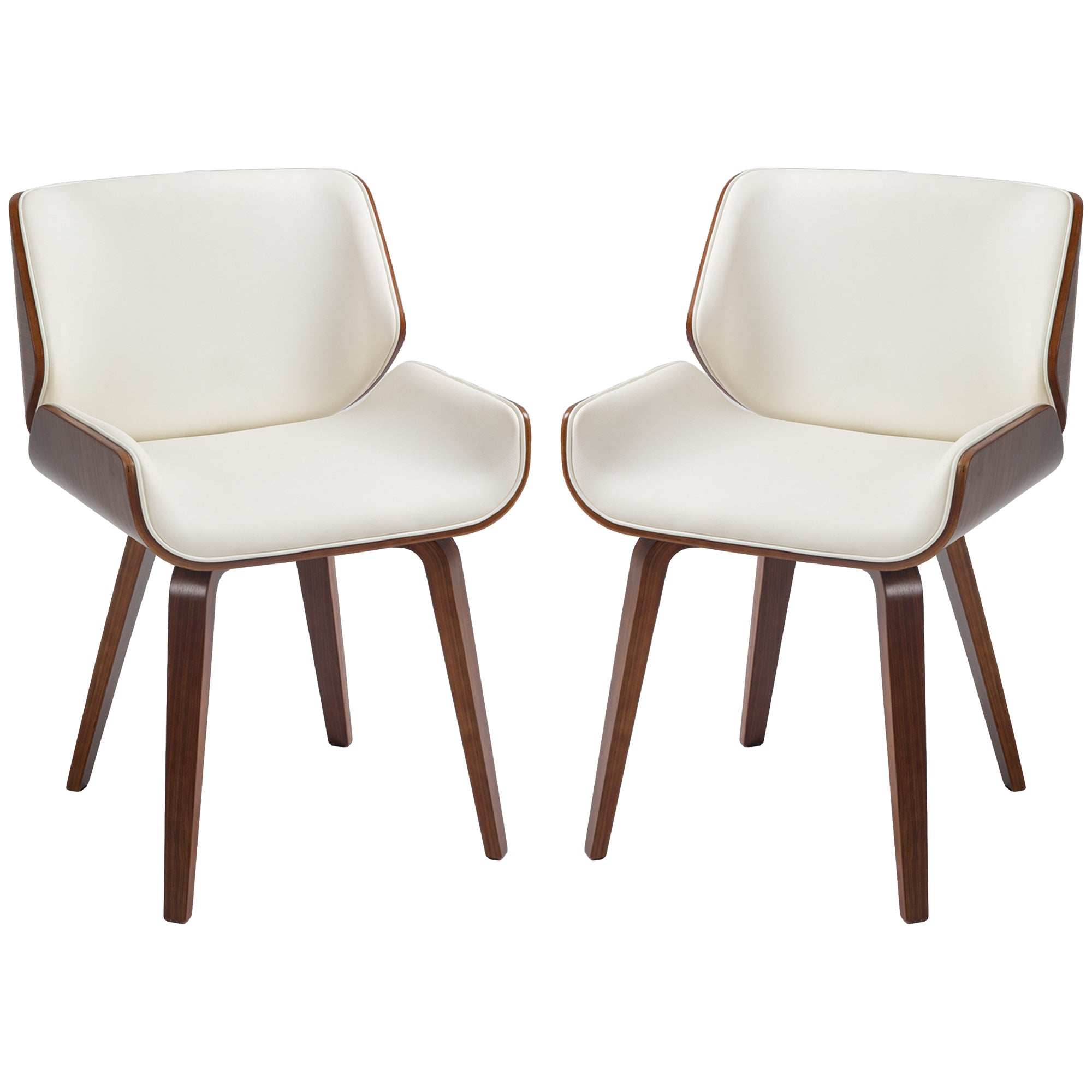 Set of 2 vintage style dining chairs with white synthetic upholstery seat and wooden legs