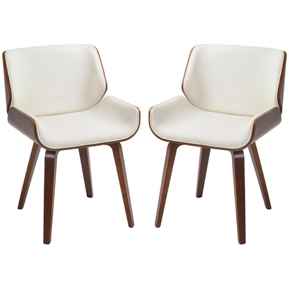 Set of 2 vintage style dining chairs with white synthetic upholstery seat and wooden legs
