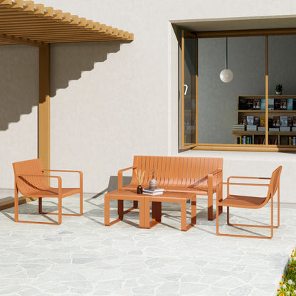 5-piece Slatted Garden Set with Loveseat, 2 Armchairs, and 2 Side Tables, Outdoor Set in Polypropylene, Waterproof and UV-Resistant, Orange