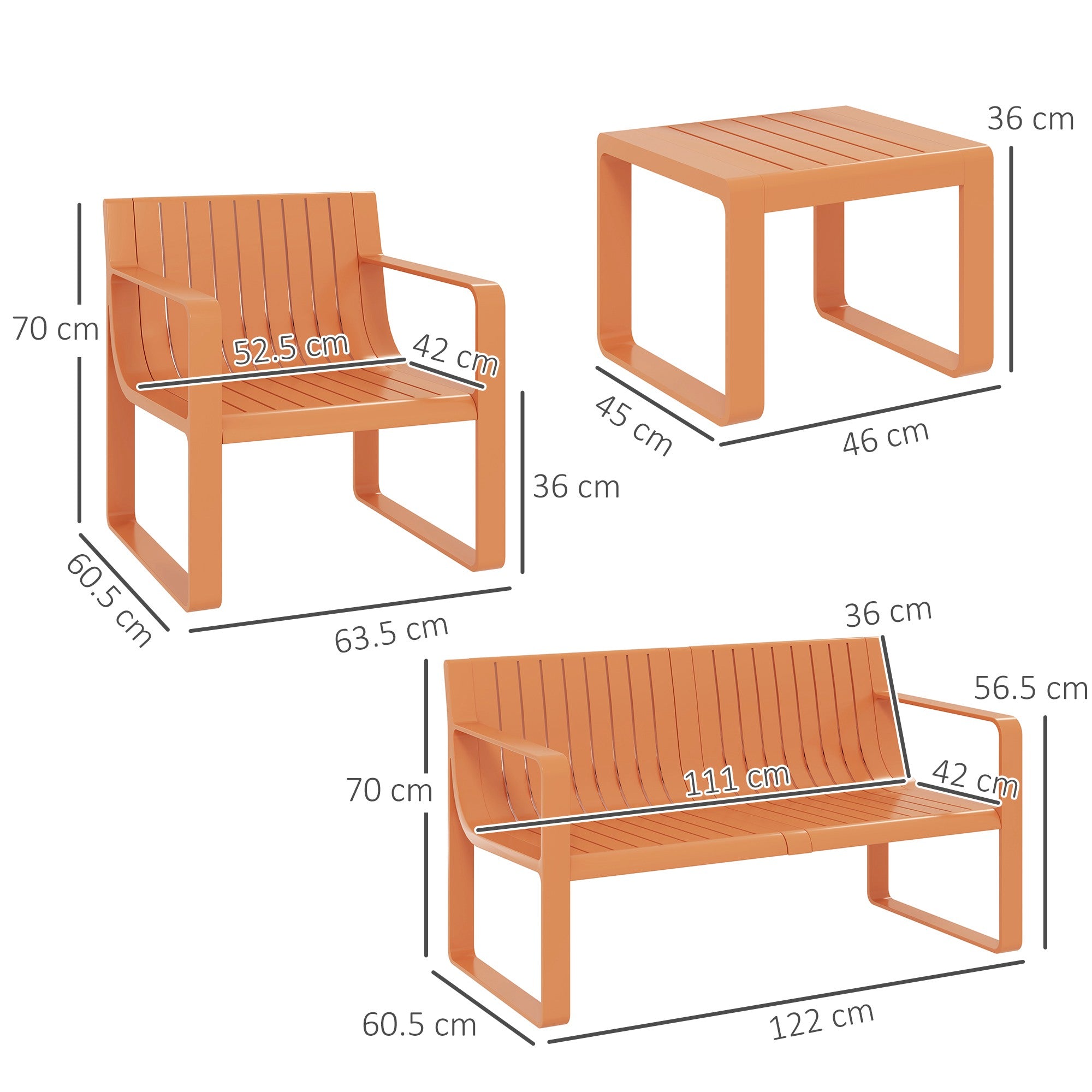 5-piece Slatted Garden Set with Loveseat, 2 Armchairs, and 2 Side Tables, Outdoor Set in Polypropylene, Waterproof and UV-Resistant, Orange