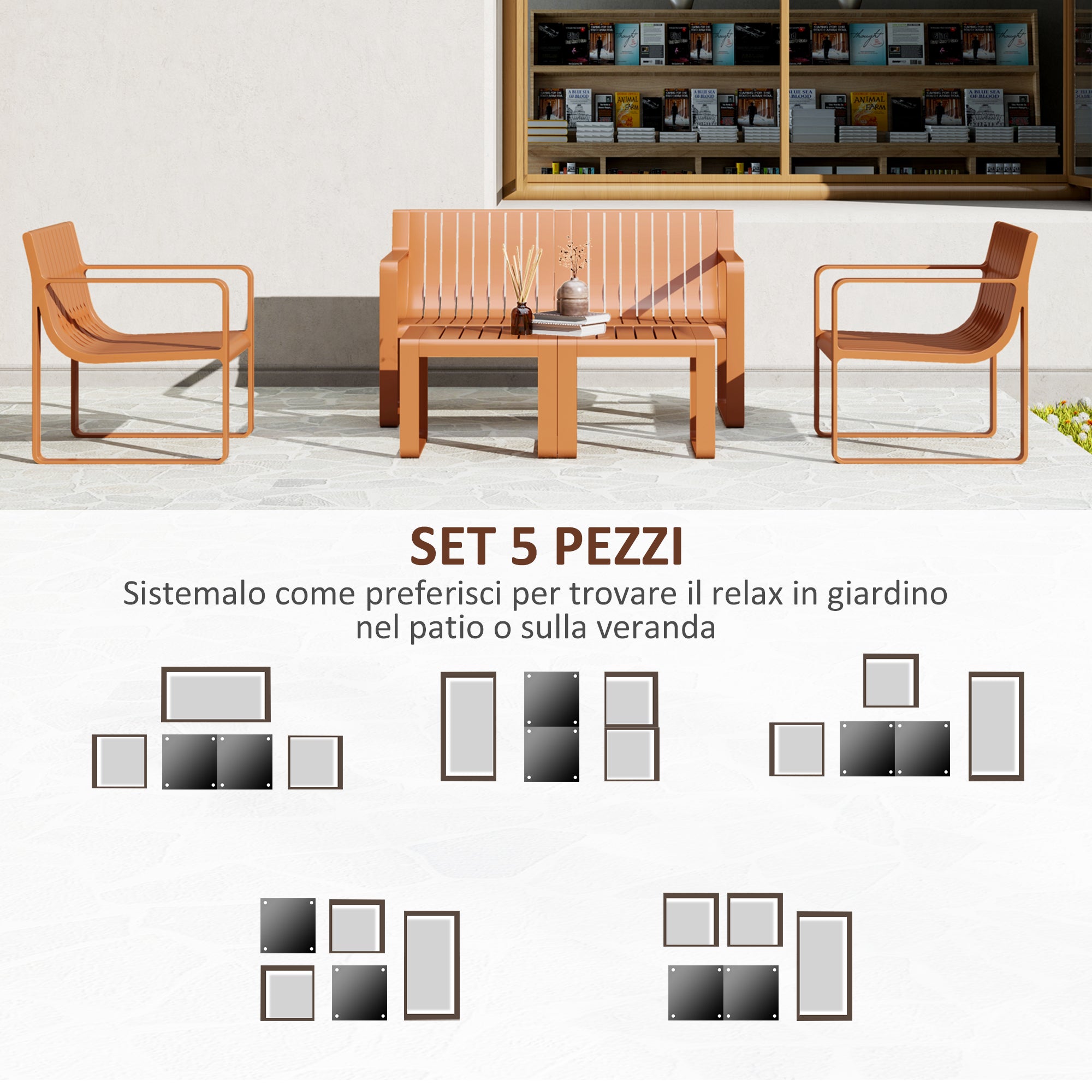 5-piece Slatted Garden Set with Loveseat, 2 Armchairs, and 2 Side Tables, Outdoor Set in Polypropylene, Waterproof and UV-Resistant, Orange