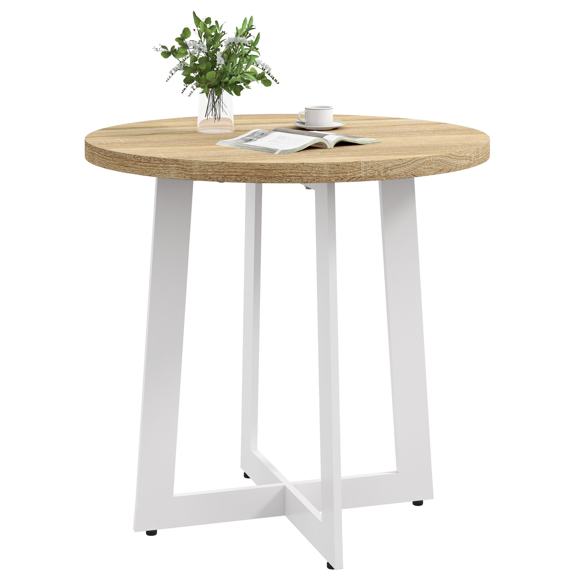 Round Dining Table for 4 People Modern Kitchen Table with Wooden Tabletop and Cross Steel Base for Dining Room Ø80x75 cm Oak