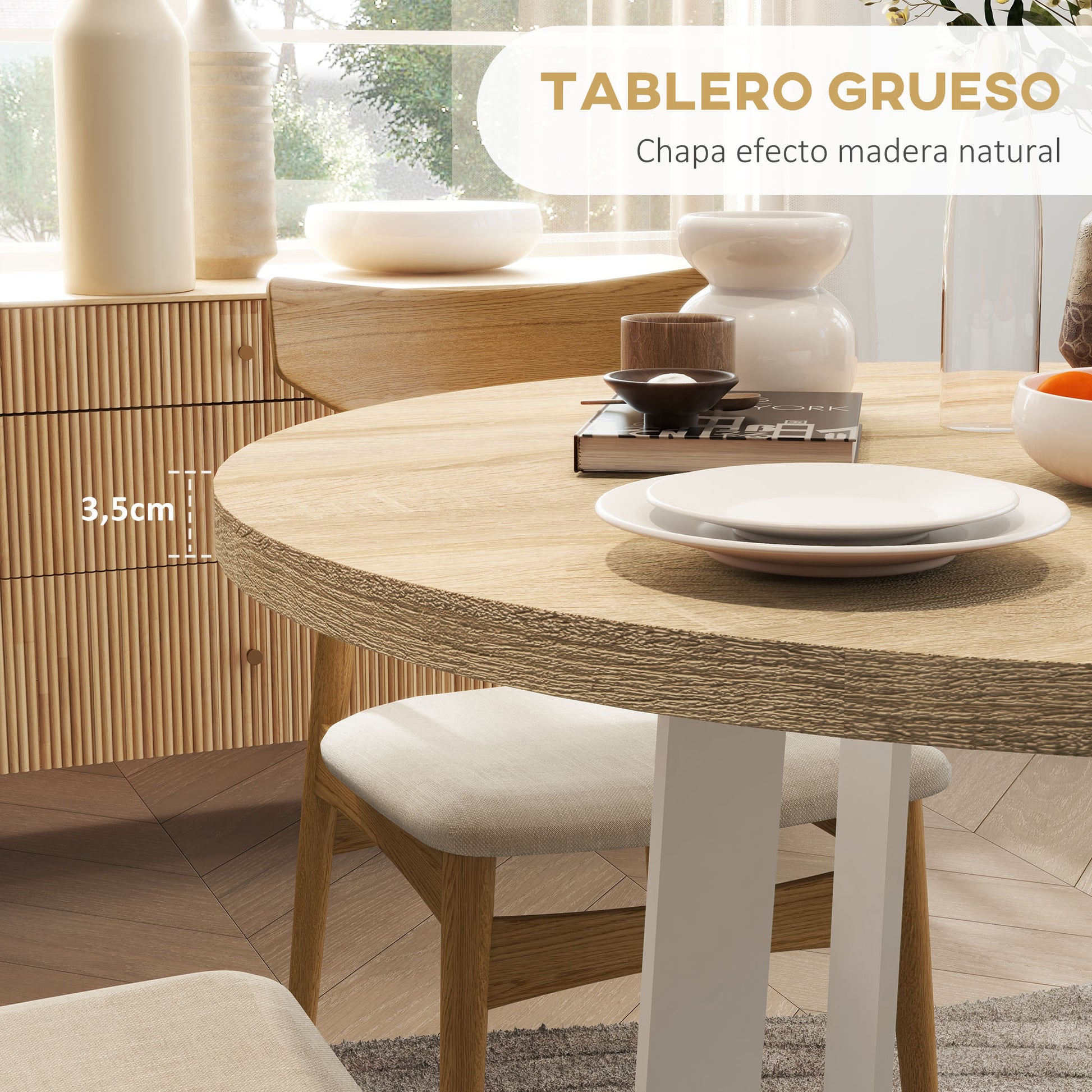 Round Dining Table for 4 People Modern Kitchen Table with Wooden Tabletop and Cross Steel Base for Dining Room Ø80x75 cm Oak