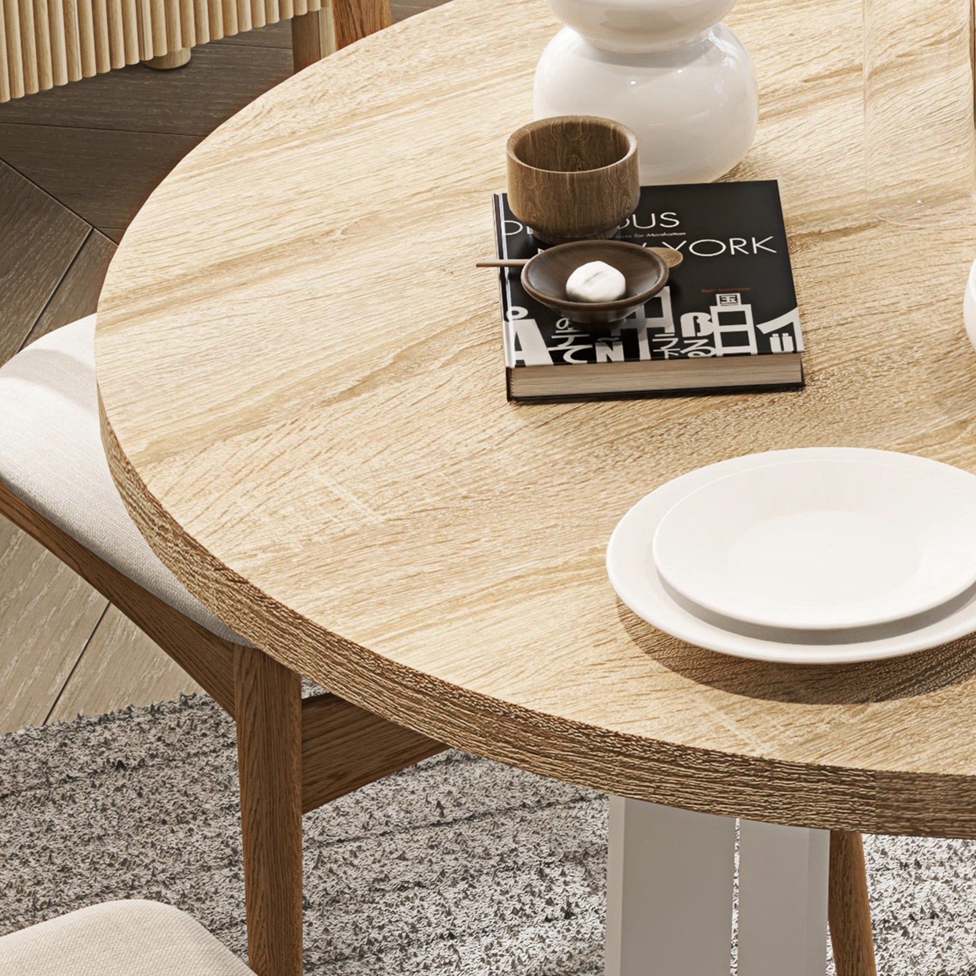 Round Dining Table for 4 People Modern Kitchen Table with Wooden Tabletop and Cross Steel Base for Dining Room Ø80x75 cm Oak