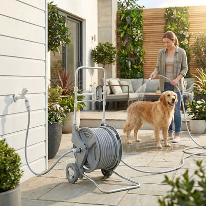 Hose Reel Cart with 148 ft Hose, 2-Mode Spray Nozzle, Faucet Adapter, Hose Guide & Crank — Garden Hose Reel for Yard & Balcony, 17.7 x 17.3 x 30.7 in, Gray
